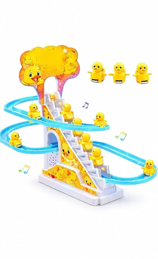 TOYTASTIC Ducki Toy Set, Funny Automatic Stair-Climbing Ducklings Cartoon Race Set Ducki Roller Coaster Escalator Toy with Flashing Lights & Music (Ducki Set)